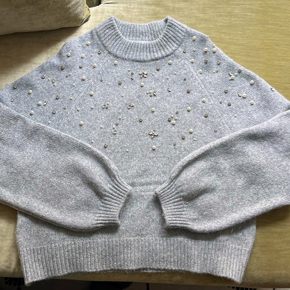 Heather grey festive sweater with crystals and pearls